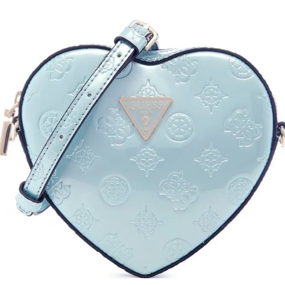 GUESS Arnela Mini Heart Crossbody Purse Quilted‎ Powder Blue Leather NWT